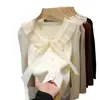 Suéter de Tricô Feminino Outono/Inverno 2024 Novo com Laço, Gola Redonda Franzida, Manga Longa, Estilo Curto, Camiseta de Base
