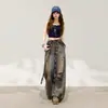 Jeans Rasgados Retro Americanos Desgastados para Mujer, Nuevo Diseño Otoño 2026, Pantalones de Pierna Ancha con Solapa a Cuadros