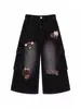 Jeans Cropped Negros Bordados Retro de Moda para Mujer, Pantalones de Pierna Ancha Adelgazantes de Cintura Alta para Verano para Cuerpo con Forma de Pera