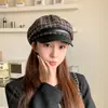 Gorra de pico a cuadros de otoño estilo coreano para mujer, sombrero octogonal de tweed con visera inspirado en Chanel, gorra de boina elegante y con estilo