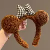 Color Marrón ~ Diadema de Oso Peluche Diadema con Lazo a Cuadros Estilo Otoño e Invierno Diadema Lavado Facial Reductora de Edad para Niñas