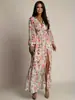Vestido Sexy Estilo Bohemio Europeo y Americano de Manga Larga Ajustado con Escote en V Profundo Espalda Descubierta con Abertura y Diseño Estampado