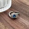 Anillo Abierto Azul Marino de Zirconia Dulce y Lujoso Super Brillante Estilo Ins Nicho de Gama Alta Apilable Anillo Tesoro Multicolor para Mujeres