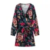 Atacado Transfronteiriço Moda Nova Outono e Inverno Vestido Estampado Versátil Decote em V Profundo Manga Longa Vestido Estampado com Cinto
