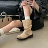 Botas largas hasta la rodilla para mujer Chuyuji estilo retro europeo y americano, pantorrilla ancha, hebilla, punta redonda, versátiles, plisadas, apiladas, tacón alto