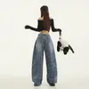 Calça Jeans Nova com Estampa de Bolinhas de Leopardo Americano Silhueta Masculina e Feminina Calça Casual Scimitar Jeans de Algodão com Estampa de Leopardo Azul