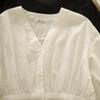 Ropa de Trabajo Estilo Coreano Lin Luoli Elegante Cuello en V Ceñida Camisa Estilo Baby Doll Aspecto Holgado Adelgazante Manga Media Manga Corta Camisa Exterior