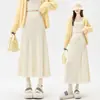 Saia Midi de Tricô A-Line com Barra de Franjas Macia, Cintura Alta Emagrecedora para Mulheres, Saia Longa com Barra Ampla e Senso de Design para Outono e Inverno