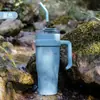 Taza para Coche con Asa de Gran Capacidad, Taza Térmica de Acero Inoxidable de Aspecto Elegante y Almacenamiento en Frío para Coche con Popote, Taza Doble Portátil para Beber