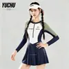 Maiô Peça Única Manga Longa Estilo Novo 2026 para Mulheres, Estilo Saia Color Block, Emagrecedor, Esconde Imperfeições, Brincadeiras na Água da Praia, Resort de Águas Termais, Roupa de Banho