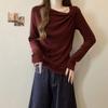 Camisa Base de Color Sólido con Cuello Oblicuo de Comercio Exterior para Mujer Otoño e Invierno Ajustada Plisada Nicho Camiseta de Manga Larga Top Lijado