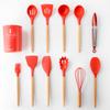 Amazon oferta caliente utensilios de cocina de silicona roja 11 piezas herramientas de cocina mango de madera traje de utensilios de cocina pala para cocinar juego de cuchara
