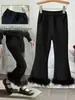 Pantalones Acampanados Negros para Niña 2026 Otoño e Invierno Gruesos Forrados de Felpa Elegantes Pantalones Acampanados para Niños con Bordes de Flecos