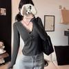 5160 # Nuevo Estilo Otoño Temprano Cuello en V Profundo Moño de Encaje Manga Larga Ajustado para Mujer Correa Fija Almohadilla en el Pecho Top Versátil