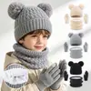 Conjunto de Tres Piezas de Sombrero, Bufanda y Guantes con Patrón de Piña Nuevo Europeo y Americano, Set de Otoño e Invierno con Forro de Felpa, Engrosado, Sombrero de Bebé con Doble Pom Pom