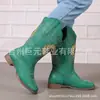 Botas de Caballero Altas Bordadas con Girasol Vintage para Mujer, Estilo Europeo y Americano, Punta Redonda, Tacón Grueso, Botas Largas