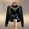 2025 Deseo de Sitio Independiente Amazon Primavera/Verano Estilo Francés de Alta Gama Perla Cuello Redondo Satín Camisa Top para Mujer