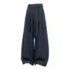 Pantalones de dobladillo curvo, estilo fino de verano, corte holgado retro japonés, pantalones casuales plisados de imitación de mezclilla, pantalones largos fluidos