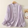 Nova Camisa Casual Roxa Estilo Chinês para Mulheres 2025 Outono Nova Fina Proteção Solar Estilo Nacional Botão Disco Elegante Cor Pura Top