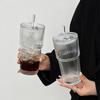 Copo de Vidro Listrado Vertical de Grande Capacidade Estilo Ins com Tampa e Canudo, Copo para Bebida Fria de Aparência Sofisticada, Copo para Suco, Copo para Café, Copo para Água