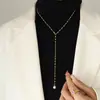 Colar Longo com Franja Pérola de Imitação Corrente em Y Clavícula Sexy Tendência Boca de Peixe Aço Titânio Banhado a Ouro 18K P611