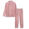 Pijama de Calça de Manga Comprida Primavera e Outono Transfronteiriço Feminino Cardigan com Lapela Conjunto Listrado para Usar por Cima Tamanho Grande Comércio Exterior Roupas de Casa
