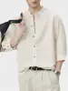 Roupas Masculinas Fengshe / Camisa de Linho com Manga Curta para Homem Verão 2026, Camisa Vintage de Manga Três Quartos, Camisa Vintage de Manga Curta