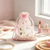 Bolsa de malla con cordón y estampado de buganvilias con lámina dorada, bolsa de almacenamiento para joyería, bolsa para muestras de cosméticos, bolsa de regalo, disponible en varios colores, bolsa de regalo para dulces