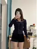 Cardigã de Malha com Gola Azul Marinho para Mulheres Início do Outono e Início do Outono Pequeno Aroma Slim Lapela Jaqueta Suéter Top Primavera e Outono