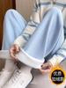 Pantalones casuales de punto de chenilla con forro polar para mujer, otoño e invierno, cintura alta, 150 cm, pantalones anchos con estampado de espigas de trigo sumergidas, altura pequeña, 145 cm