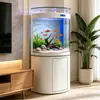 Nuevo acuario de cristal ultra transparente con fondo filtrante semicircular para sala de estar, uso doméstico, colocado junto al mueble de TV, acuario ecológico