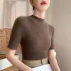 Nuevo suéter de punto para mujer de otoño, jersey de cuello alto corto de manga corta, ajuste ceñido, sin costuras, al por mayor para exportación
