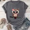 Camiseta Casual de Manga Corta para Mujer con Estampado de Búho de Dibujos Animados y Patrón Geométrico Floral en el Cuello Redondo