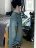 Jeans Curvos con Dobladillo Adornado con Pedrería Estilo Retro Americano para Mujer, Nuevo Estilo Otoño, Tiro Bajo, Pierna Ancha Recta Holgada, Pantalones Largos hasta el Suelo