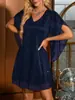 Vestido Feminino Elegante com Decote V e Manga de Cinco Quartos, Estampado Dourado, Venda Quente de Primavera e Verão, Europeu e Americano, Transfronteiriço, para Festas de Feriado