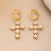 Lujo Ligero y Sensación de Alta Gama, Pendientes para Mujer de Nicho con Incrustaciones Completas de Perlas, Colgante de Cruz, Pendientes de Alta Gama Simples y Elegantes