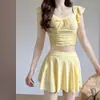Novo Maiô de Duas Peças Estilo Saia Feminino Cueca Boxer Anti-Exposição com Bojos Roupa de Banho para Estudantes Puro Desejo Resort de Águas Termais