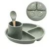 Conjunto de três peças de prato de silicone com ventosa pequena, copo d'água, conjunto de colher e garfo, conjunto de alimentação de silicone para bebês