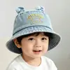 Chapéu de Pescador Infantil em Jeans Desgastado com Orelhas de Urso 3D Chapéu Bucket de Urso Fofo para Uso ao Ar Livre