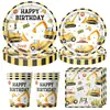 Suprimentos de decoração de aniversário para menino com escavadeira amarela transfronteiriça, pratos de papel descartáveis com tema de veículo de construção, copos de papel, guardanapos de papel, talheres