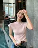 Roupa Especial Zhengqi/Camisa de Tricô Listrada para Mulheres, Manga Curta, Corte Justo, Gola Redonda, Nova Blusa de Cor Sólida para o Verão para o Trabalho