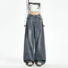 Jeans Americano de 2026, cintura alta, plissado, perna larga, para mulheres, lavado e desgastado, muito flare, comprimento até o chão, modelagem solta, jeans com caimento