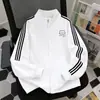 Sudadera cárdigan casual deportiva a rayas para otoño e invierno, unisex, corte holgado, adelgazante, con un pequeño estampado de gato y cuello alto, adecuada para parejas