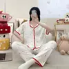 Algodão Nuvem Verão Novo Cardigã Gola Manga Curta Calças Menina Cartoon Doce Casa Roupa conjunto Pijama