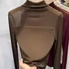 Estilo Novo 2025 Sexy Perspectiva Malha Preta Gola Alta Camisa Base de Alta Qualidade com Top Sexy Slim-fit para Mulheres