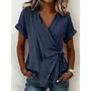Amazon Transfronterizo 2026 Primavera/Verano Nuevo Casual Europeo y Americano Color Sólido Irregular Corte Holgado Cuello Camisero Corbata Manga Corta Camiseta
