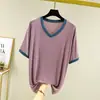 Camiseta de Manga Corta con Cuello en V y Parches de Color Contrastante de Modal para Hombre, Nueva de Verano, Talla Grande, Holgada, Casual, Camiseta Interior para el Hogar
