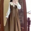 Vestido elegante de outono para tamanhos grandes, estilo francês, com blocos de cor, falso duas peças, gola boneca, para mulheres, cintura marcada, corte A, longo, transfronteiriço