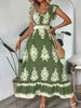 2026 Europeu e Americano Amazon Aliexpress Novo Estilo Moda Verão Estampado Decote V Ajuste na Cintura Vestido Longo Roupa Feminina