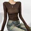 Camiseta de Manga Comprida Leve e Fina para Mulheres Outono 2025 Estilo Europeu e Americano Puro Desejo Sexy Elegante Gola Redonda Slim Camiseta Base Top